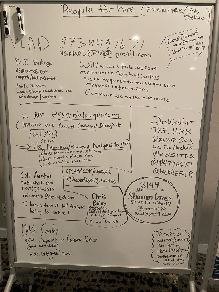 My name at the For hire board at the WordCamp US