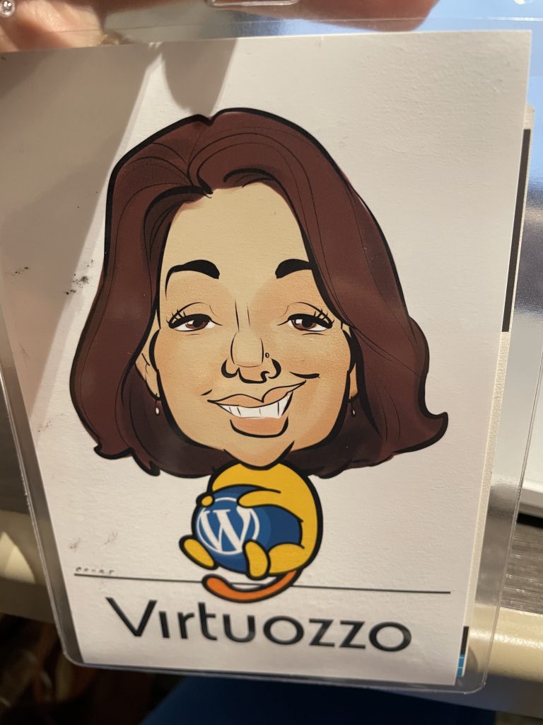 Wapuu caricature at the Virtuozzo booth from the WordCamp US